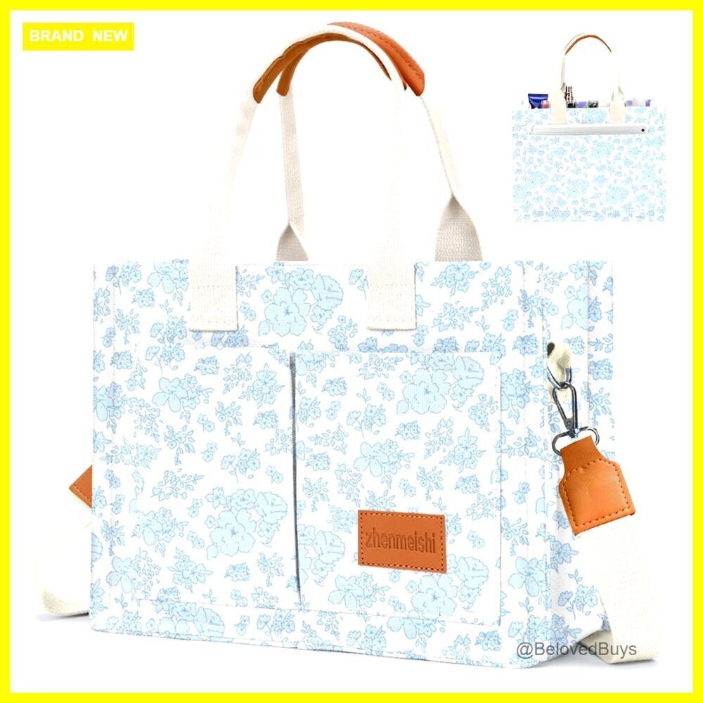 Canvas Tote Bag with Pockets, Adjustable Crossbody Strap, Large Capacity
